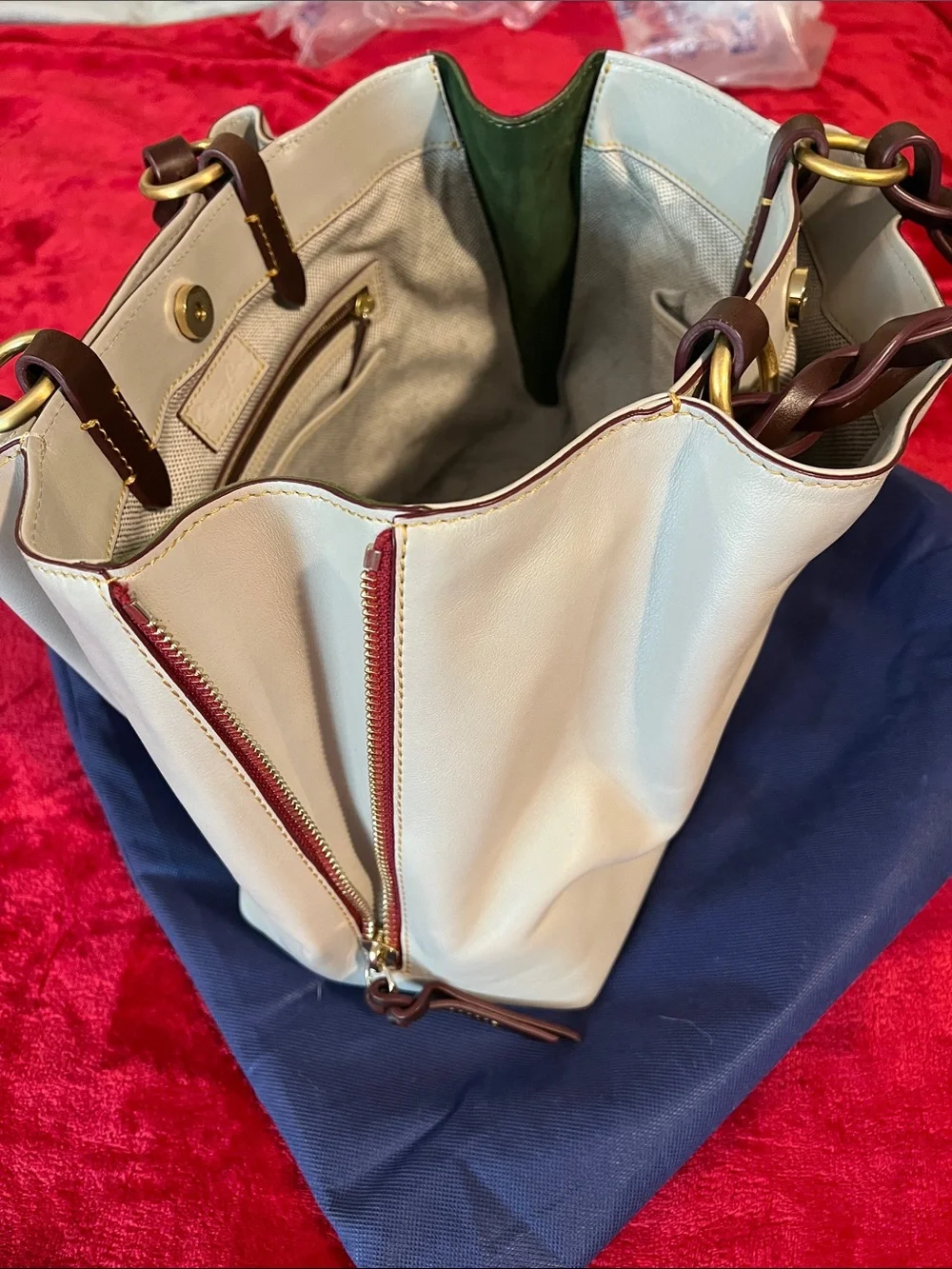 Dooney & Bourke Cream Leather Shoulder Bag with Brown Strap Accents